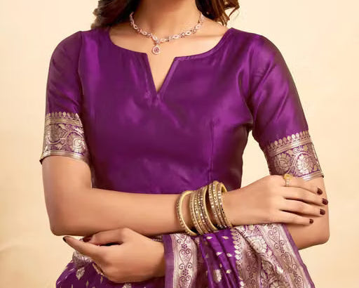 Model wearing violet Banarasi silk saree - back view showing pallu