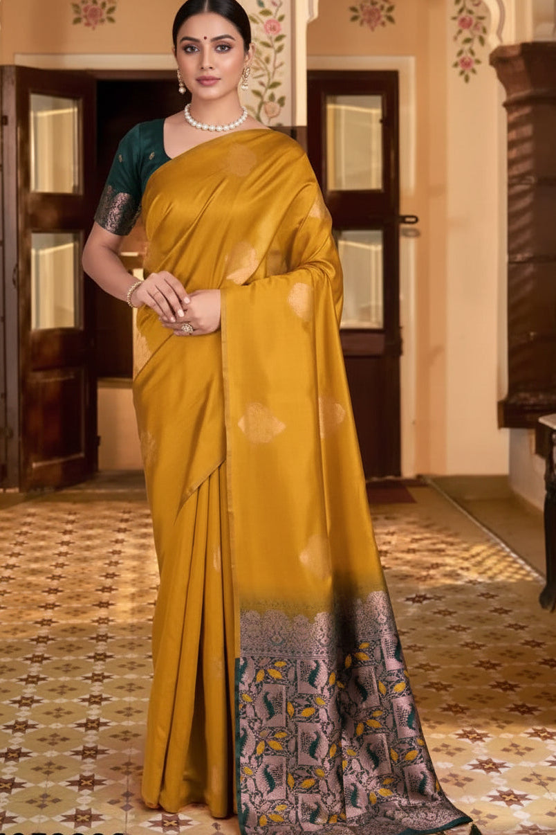 Mustard Silk Saree - Full front drape with dark pallu