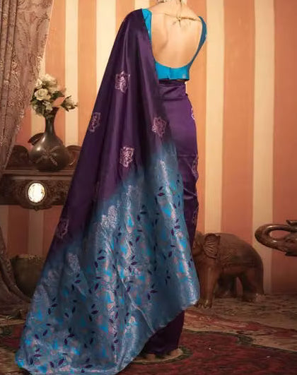 Purple Teal Dual Tone Silk Saree - Back drape showing teal pallu