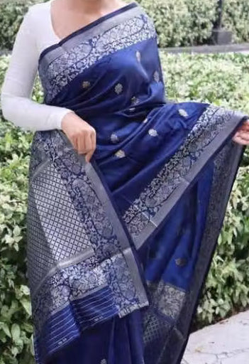 Navy Blue Banarasi Silk Saree - Model outdoor front drape showing silver buti and zari border