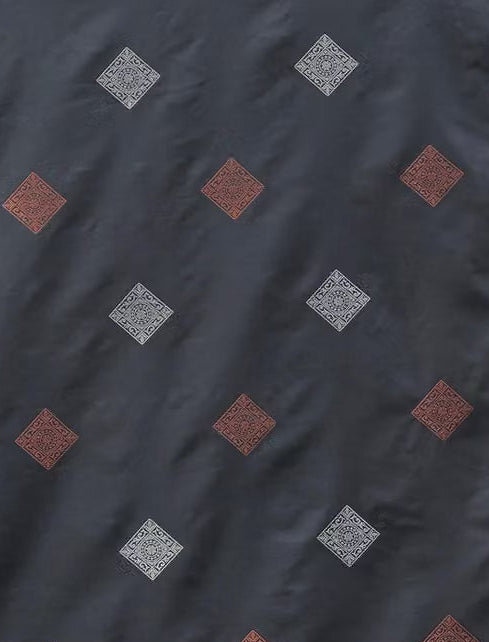 Charcoal Grey Banarasi Silk Saree - Close-up of alternating copper and silver diamond buti pattern