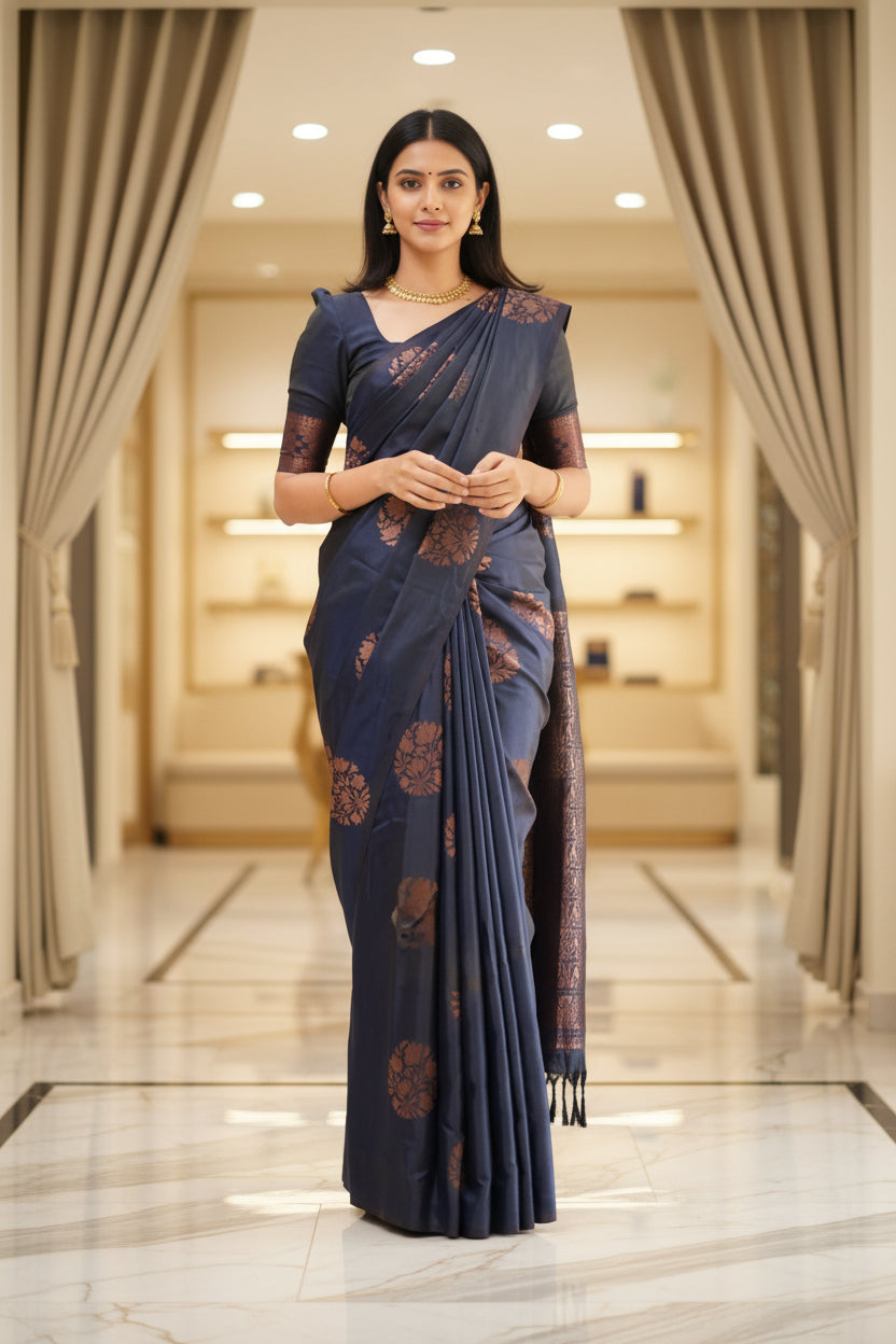 Navy Blue Banarasi Silk Saree - Model full front drape view
