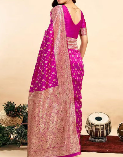 Magenta Banarasi silk blouse with zari sleeve detailing