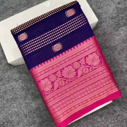 Navy blue and pink Kanjipuram silk saree - close-up of buttas and pallu