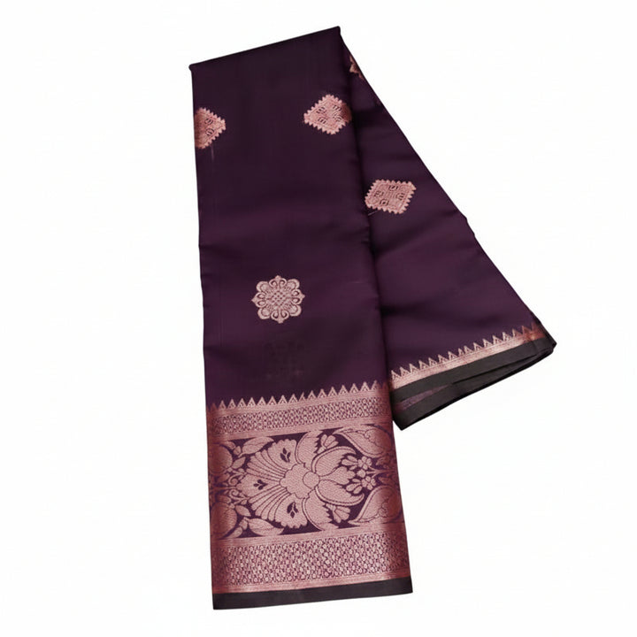 Wine purple Kanjipuram silk saree - flat folded view showing buttas and border