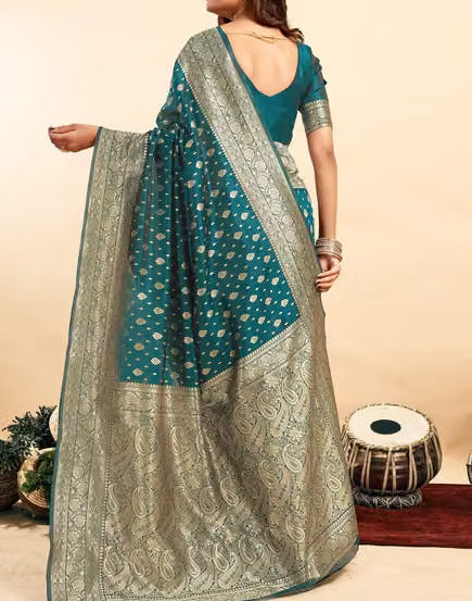 Teal Banarasi Silk Saree - Model back view showing silver paisley zari pallu