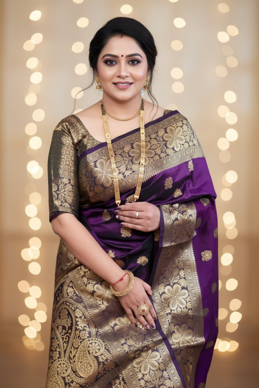 Purple Banarasi Silk Saree - Front drape close-up with gold zari border
