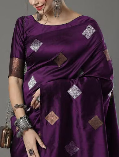 Model wearing grape purple Banarasi silk saree - full length view showing antique gold zari pallu