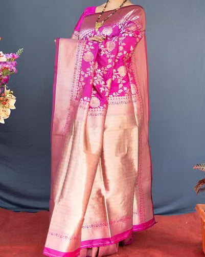 Magenta Pink Banarasi Silk Saree - Model back view showing grand rose gold zari pallu