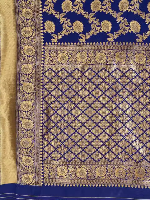 Navy Blue Banarasi Silk Saree - Full drape view