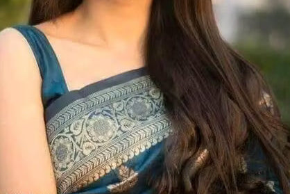 Teal Blue Banarasi Silk Saree - Model close-up with zari border detail
