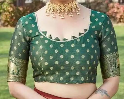 Red Patola Silk Saree - Green brocade blouse close-up