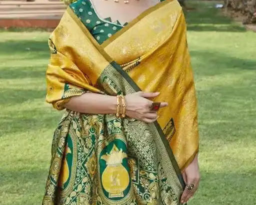 Yellow Patola Silk Saree - Full drape with green pallu