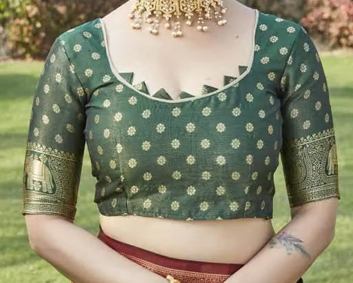 Mint Green Banarasi Silk Saree - Deep green gold buti brocade blouse close-up