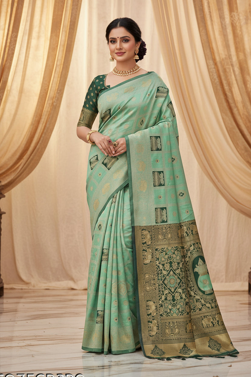 Mint Green Banarasi Silk Saree - Full front drape with dark green zari pallu