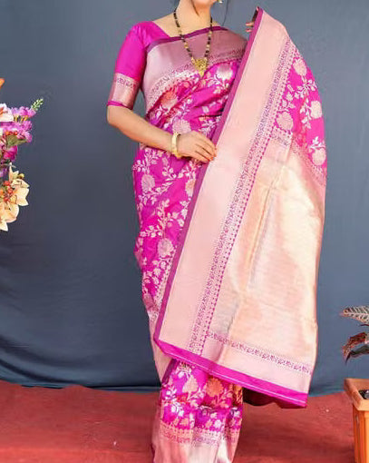 Magenta Pink Banarasi Silk Saree - Model three-quarter view with gold jewellery and silver jaal detail