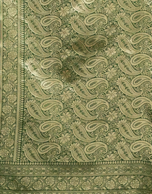 Dark Green Banarasi Silk Saree - Close-up of gold paisley jaal pallu weave