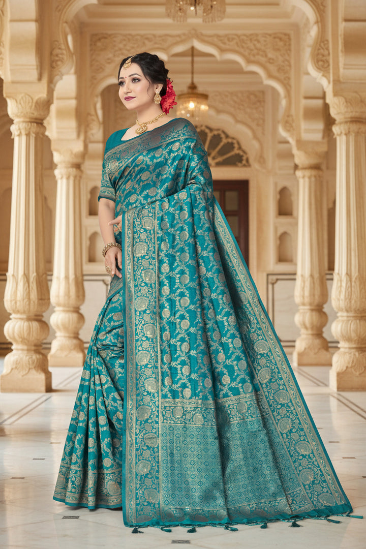 Teal Banarasi Silk Saree - Full front drape showing silver zari jaal weave