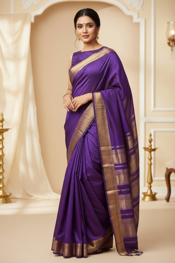 Violet Kanjipuram Silk Saree - Standing full drape outdoor view