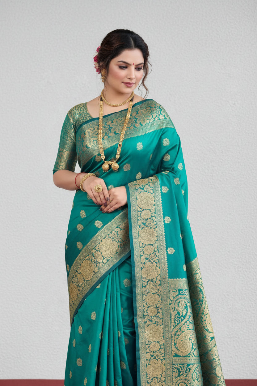 Teal Banarasi Silk Saree - Full drape side view
