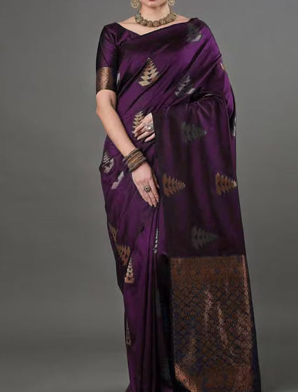 Deep Purple Banarasi Silk Saree - Model full front drape showing gold-black leaf buti and copper zari border