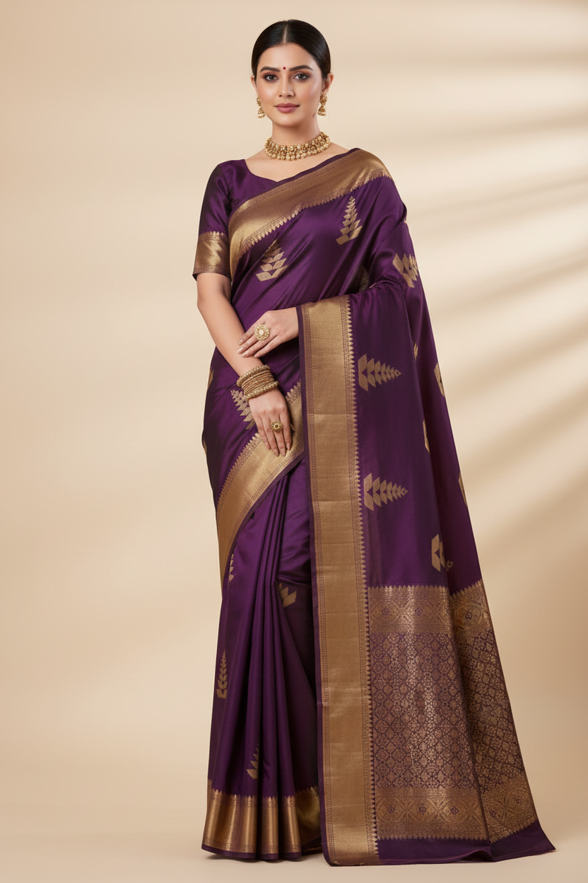 Deep Purple Banarasi Silk Saree with Gold Black Leaf Buti