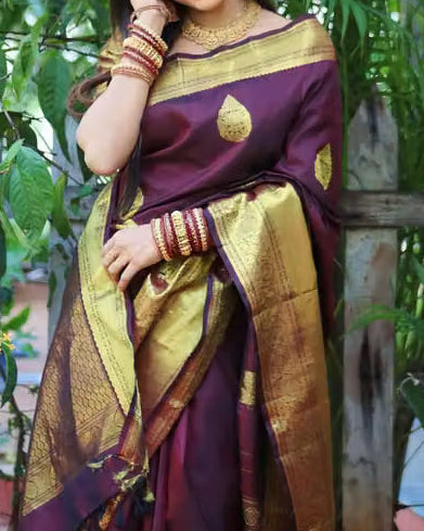 Wine Kanjipuram Silk Saree - Close-up showing gold zari mango boota on body