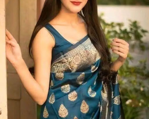 Teal Blue Banarasi Silk Saree - Model full drape with gold paisley buti