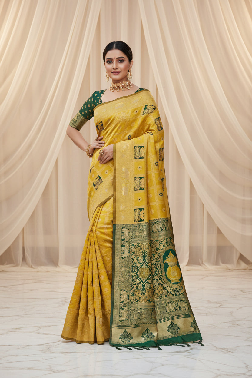 Yellow Patola Silk Saree - Full front drape view