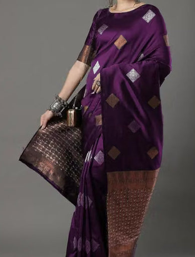 Model wearing grape purple Banarasi silk saree - upper body close-up showing blouse and zari buti