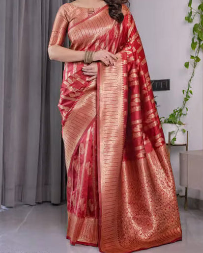 Red Banarasi silk saree with gold zari - full front drape
