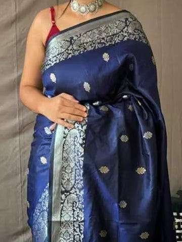 Navy Blue Banarasi Silk Saree - Model indoor close-up with silver jewellery