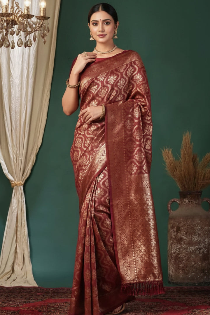 Maroon Banarasi Silk Saree - Model full front drape showing gold diamond jaal weave