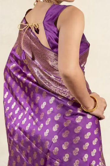 Model wearing purple Banarasi silk saree - back view showing blouse
