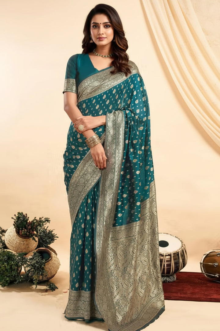 Teal Banarasi Silk Saree - Model front drape with gold buti body and silver pallu