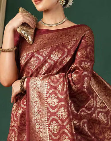 Maroon Banarasi Silk Saree - Model close-up portrait with gold jewellery and diamond jaal detail