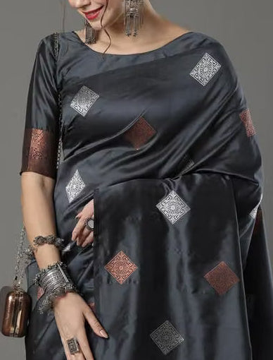 Charcoal Grey Banarasi Silk Saree - Model close-up with oxidised silver jewellery and diamond buti detail