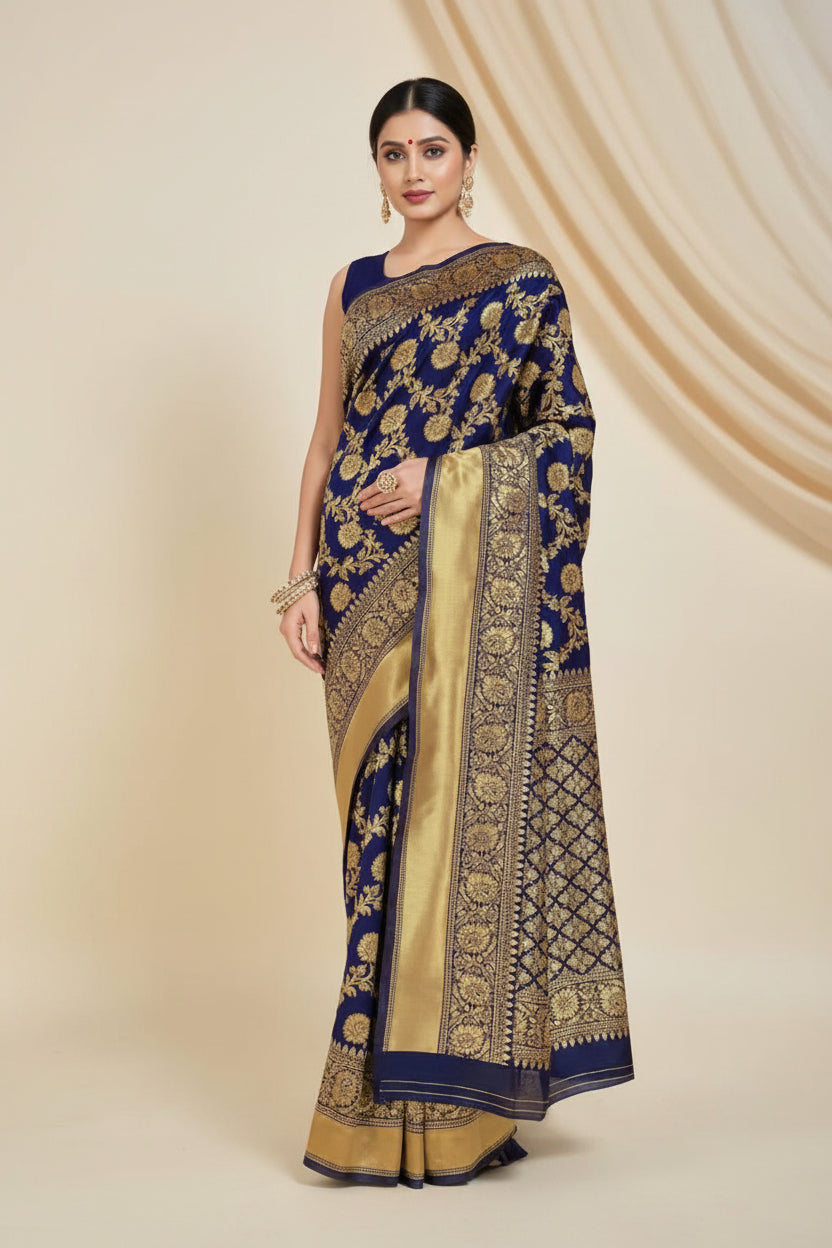 Navy Blue Banarasi Silk Saree - Back view