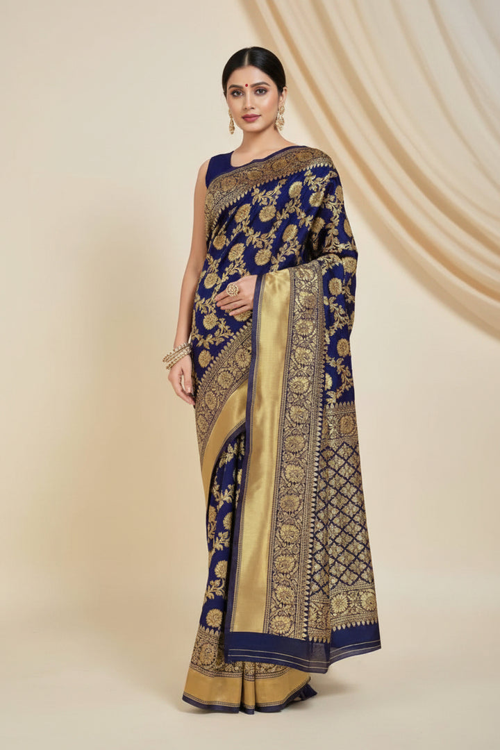 Navy Blue Banarasi Silk Saree - Back view