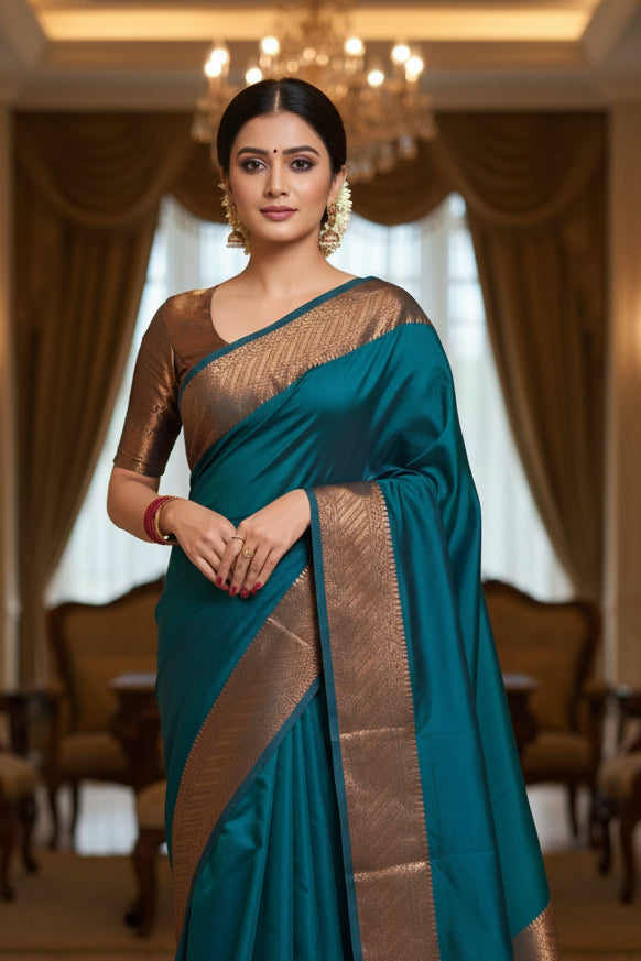 Teal Kanjipuram Silk Saree - Front smiling view showing copper brown zari border