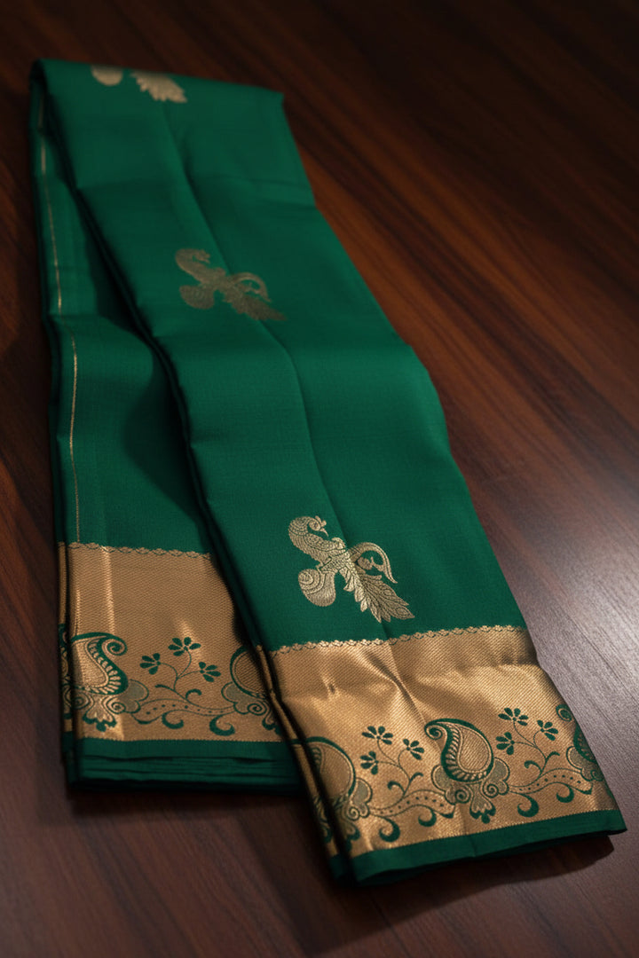 Emerald green Kanjipuram silk saree flat lay showing full drape with peacock buttas and zari border