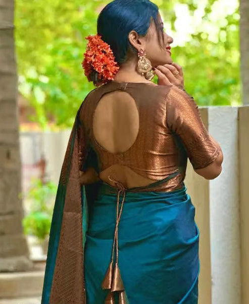 Teal Kanjipuram Silk Saree - Full standing drape outdoor view