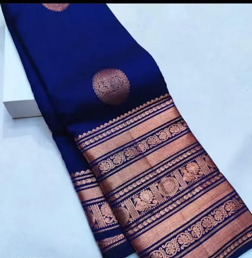 Royal Blue Kanjipuram Silk Saree - Close-up of copper coin buti and zari border