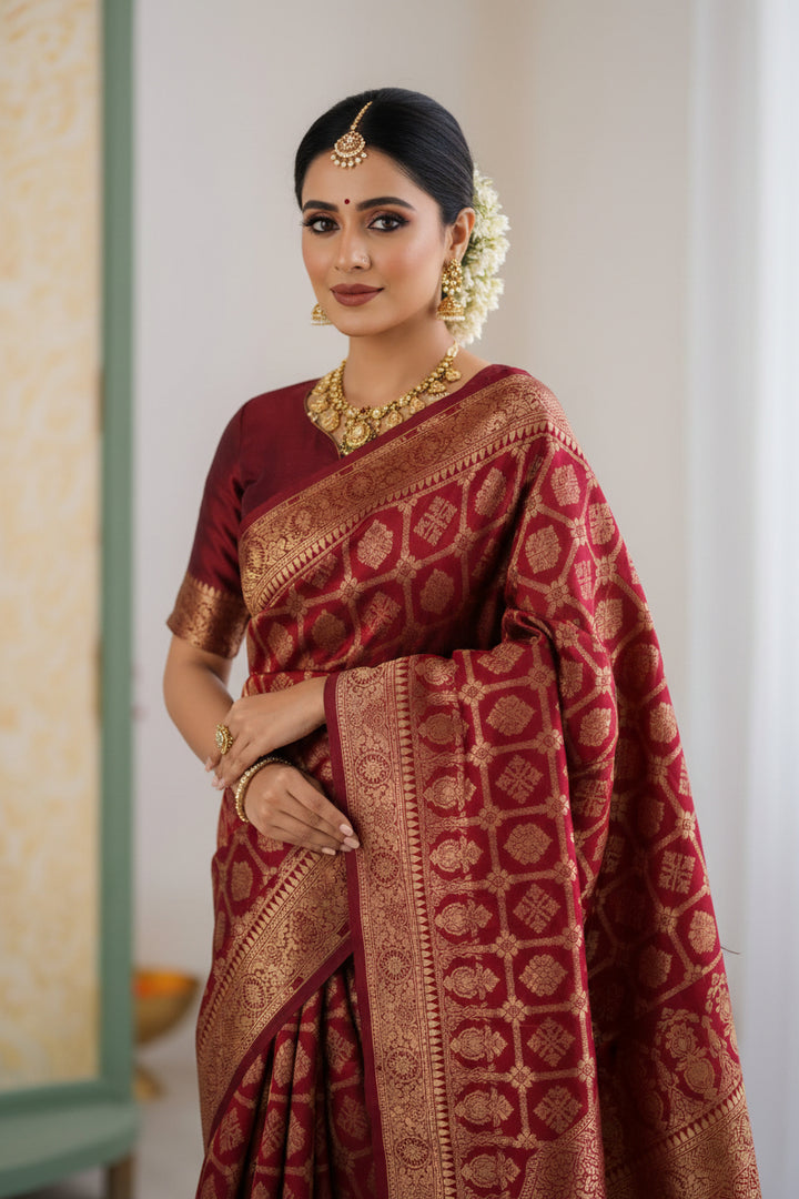 Red Banarasi Silk Saree - Three-quarter view