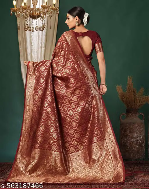 Maroon Banarasi Silk Saree - Model back view showing keyhole blouse and grand gold zari pallu