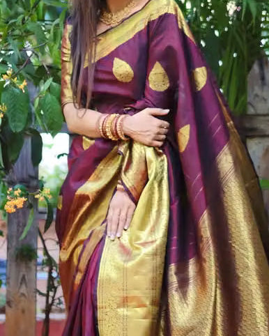 Wine Kanjipuram Silk Saree - Multi-view collage with flat lay showing gold zari border detail