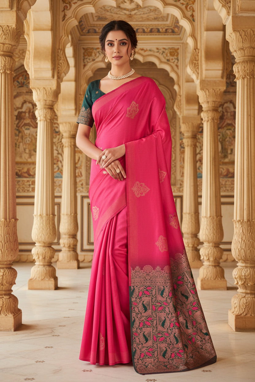 Hot Pink Banarasi Silk Saree - Full front drape with dark zari pallu