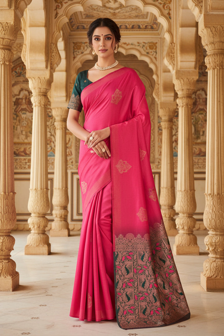 Hot Pink Banarasi Silk Saree - Full front drape with dark zari pallu