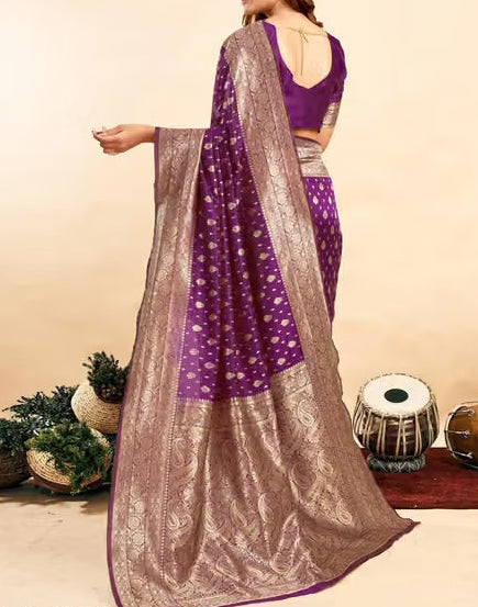 Close-up of violet silk blouse with zari sleeve border