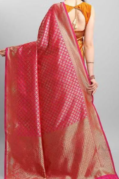 Model wearing pink orange Banarasi silk saree - back view showing pallu and zari work